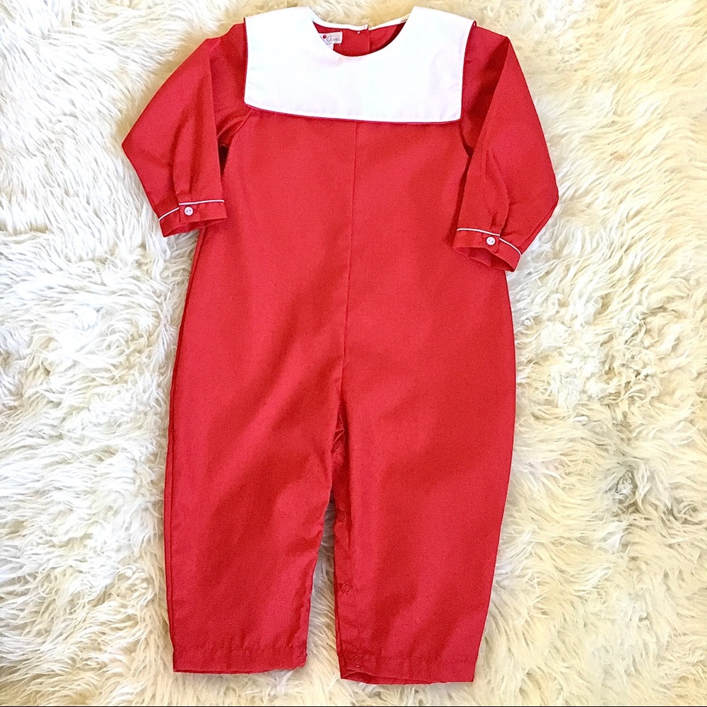 Red Petit Ami jumpsuit with white bib collar 24 2T